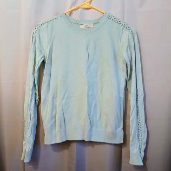 ANN TAYLOR LOFT Crochet Sweater Top XS Light Blue Eyelet shell sleeve Crew neck - Picture 1 of 7